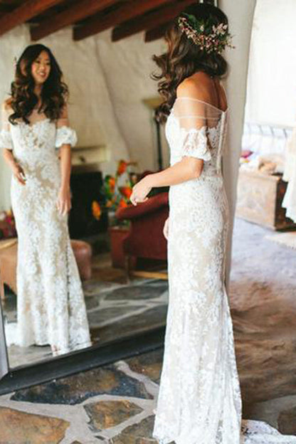 NumberSea Sheath Off the Shoulder White Lace Long Wedding Dresses,Half Sleeves Wedding Dresses,MW480