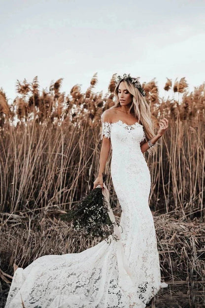 NumberSea Rustic Mermaid Lace Ivory Wedding Dresses Illusion Neckline Beach Wedding Dress,MW488