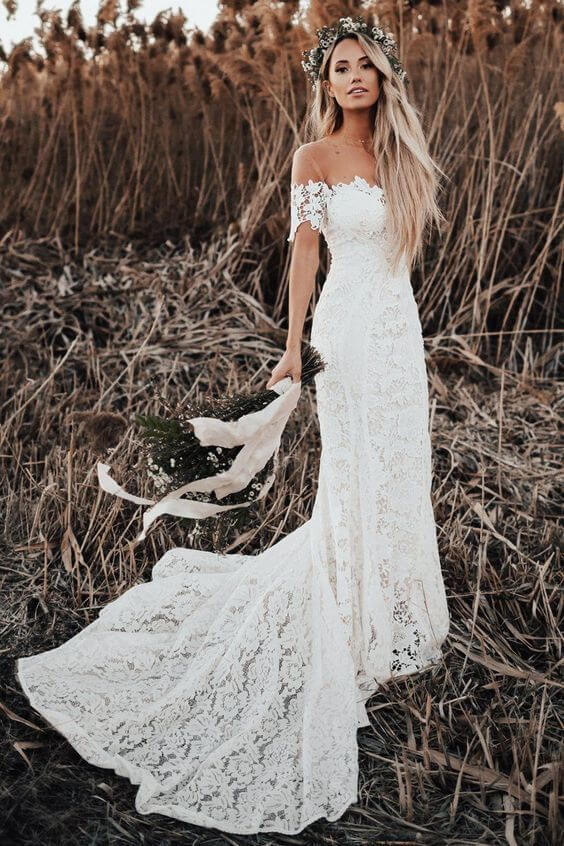 NumberSea Rustic Mermaid Lace Ivory Wedding Dresses Illusion Neckline Beach Wedding Dress,MW488