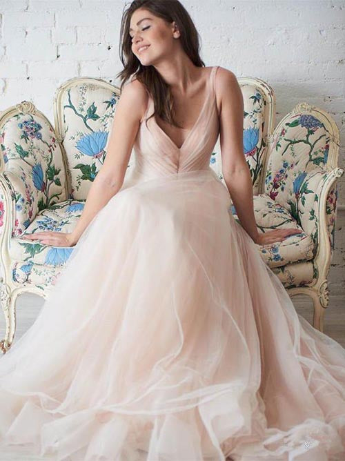 NumberSea Simple Tulle Ball Gown A-line Wedding Dresses V-neck Bridal Dress,MW491