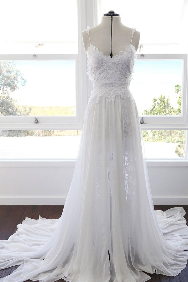 NumberSea Sweetheart White Chiffon Spaghetti Strap Lace Beach Wedding Dresses,MW498