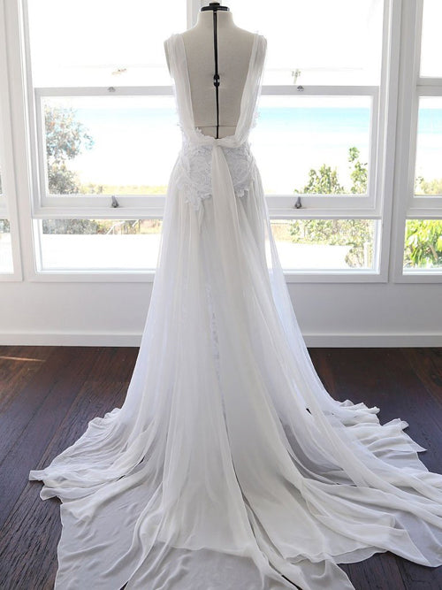 NumberSea Sweetheart White Chiffon Spaghetti Strap Lace Beach Wedding Dresses,MW498