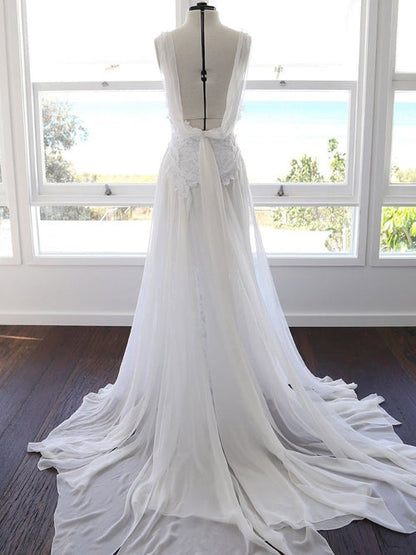 NumberSea Sweetheart White Chiffon Spaghetti Strap Lace Beach Wedding Dresses,MW498