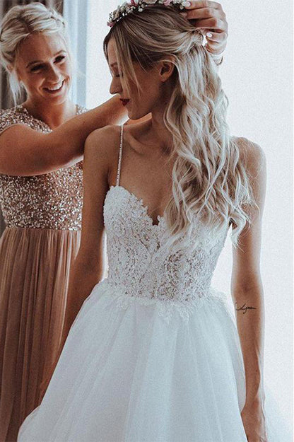 NumberSea Unique A-line Tulle Spaghetti Straps Backless Wedding Dresses Online, MW499