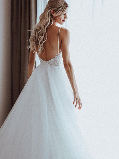 NumberSea Unique A-line Tulle Spaghetti Straps Backless Wedding Dresses Online, MW499