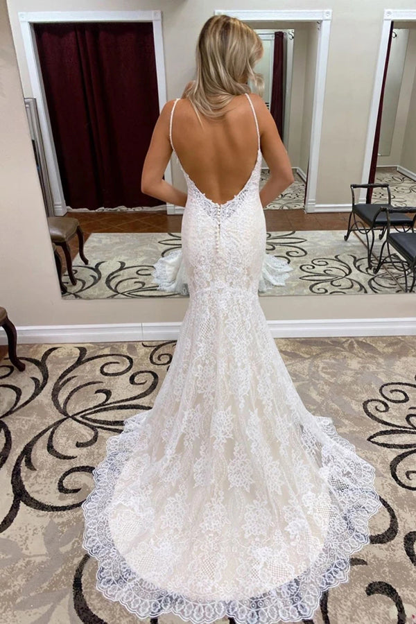 NumberSea Spaghetti Straps Trumpet/Mermaid Lace Bridal Gonws Backless Wedding Dress,MW500