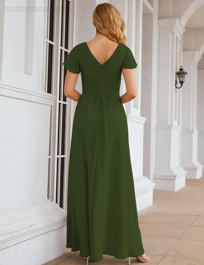 Numbersea Chiffon Bridesmaid Dress Cap Sleeves Maxi Prom Gowns Party Wedding Mother of The Bride Dresses for Women SEA28047-numbersea