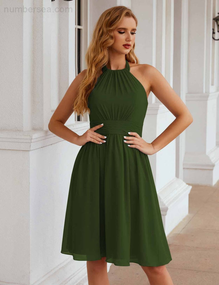 Numbersea Halter Chiffon Bridesmaid Dresses Short Sleeveless Formal Party Dress Open Back Sea28023