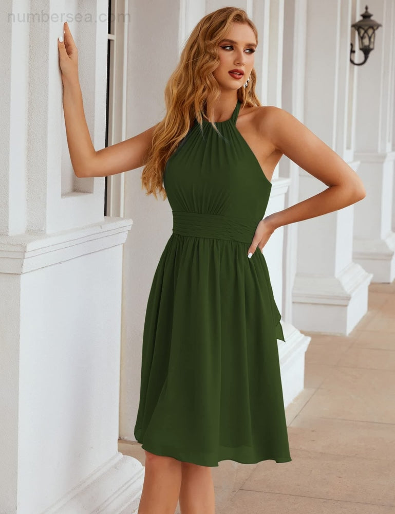 Numbersea Halter Chiffon Bridesmaid Dresses Short Sleeveless Formal Party Dress Open Back Sea28023