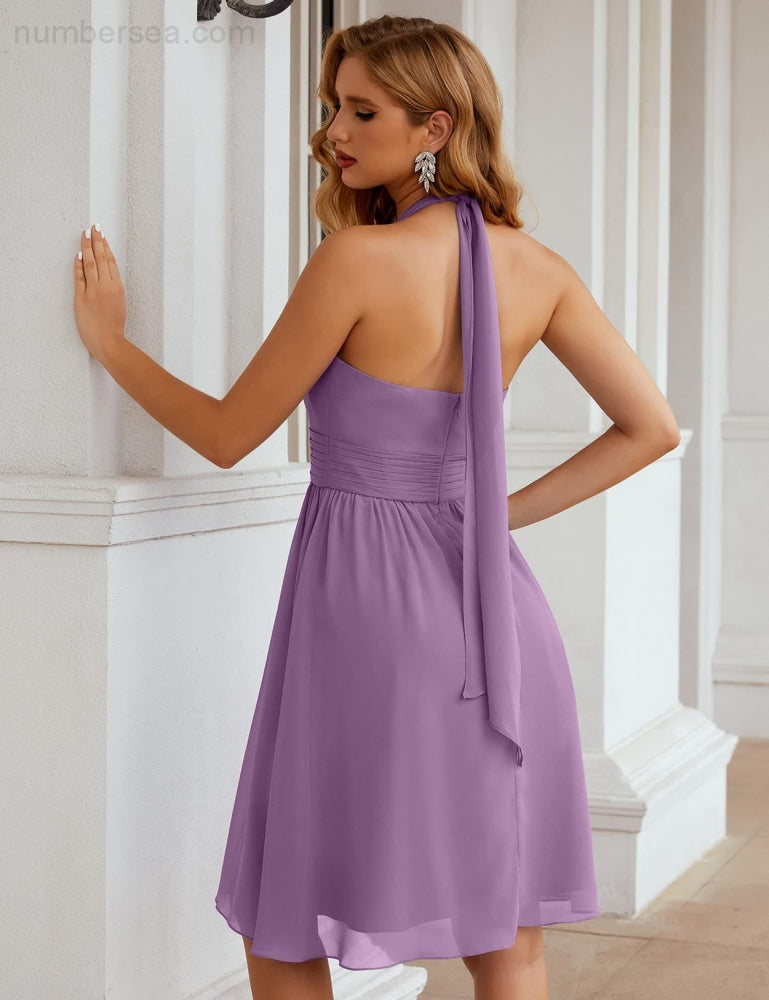 Numbersea Halter Chiffon Bridesmaid Dresses Short Sleeveless Formal Party Dress Open Back Sea28023