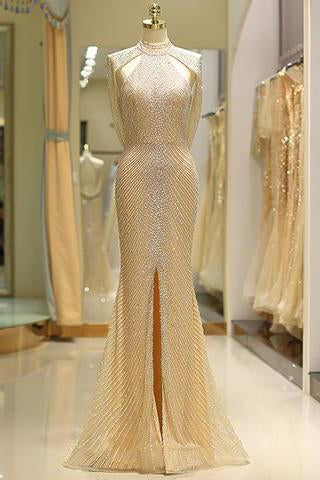 Mermaid High Neck Floor Length Split Gold  with Sequins Beading Prom Dresses