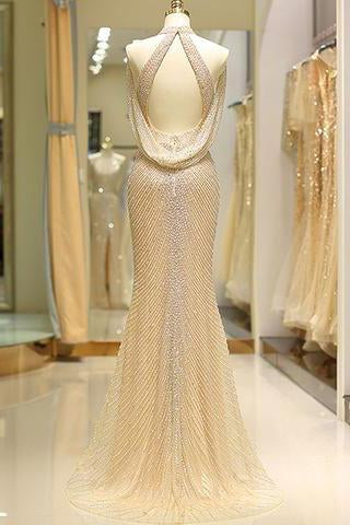 Mermaid High Neck Floor Length Split Gold  with Sequins Beading Prom Dresses