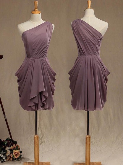 NumberSea - Numbersea Mini Chiffon Bridesmaid Dress Dusty Purple One Shoulder A - line Asymmetrical Pleats