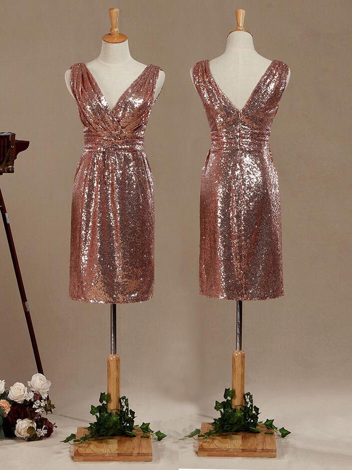 NumberSea - Mini Sequined Bridesmaid Dress Sheath Column V - neck Metallic Sparkle