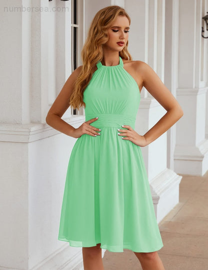 Numbersea Halter Chiffon Bridesmaid Dresses Short Sleeveless Formal Party Dress Open Back Sea28023