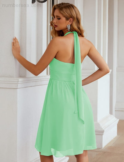 Numbersea Halter Chiffon Bridesmaid Dresses Short Sleeveless Formal Party Dress Open Back Sea28023