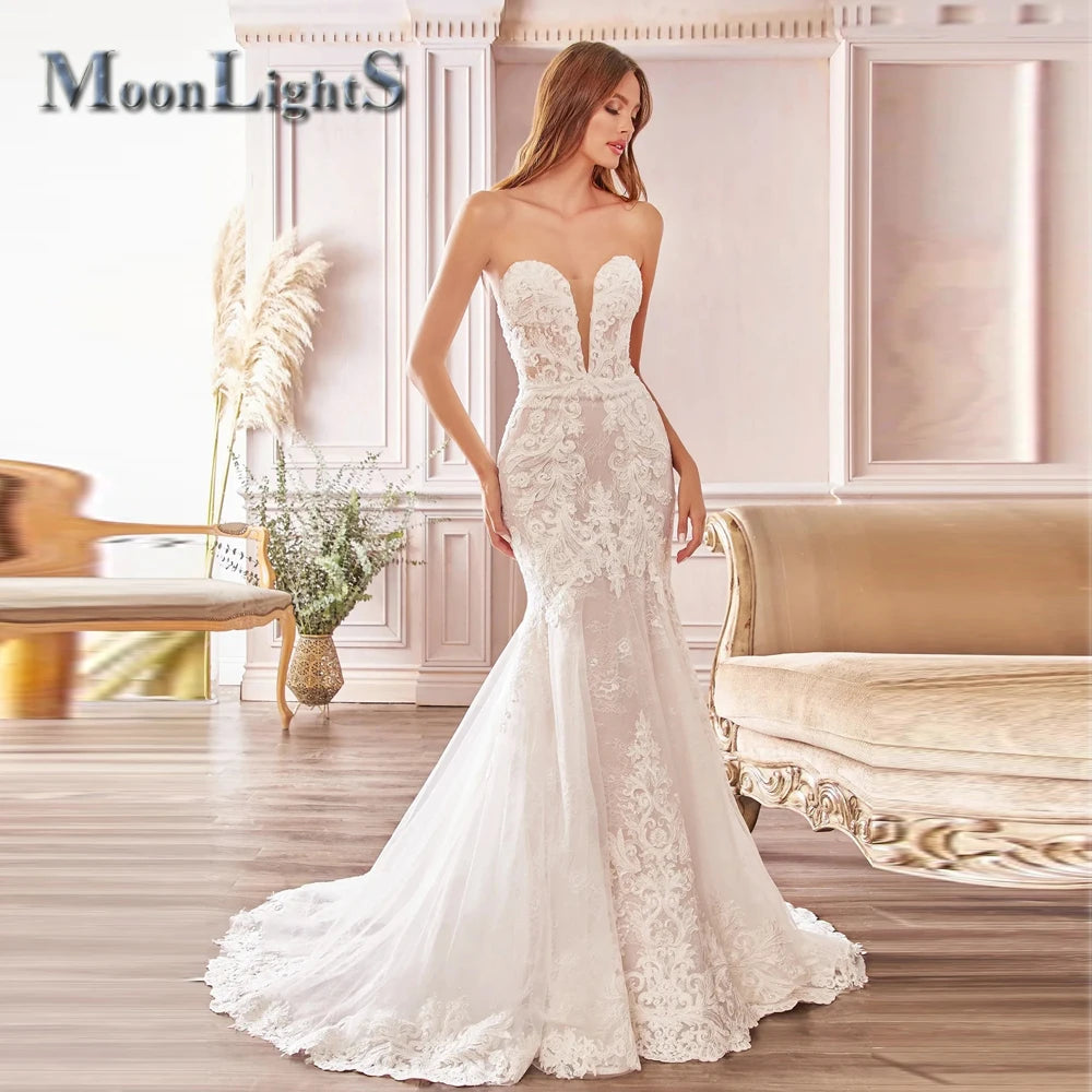 MoonlightShadow Luxurious Mermaid Plus Size Wedding Dress Sexy Deep V-Neck Detailed Mariee Robe De Soiree Mariage Made To Order