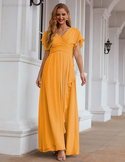 Numbersea Chiffon Bridesmaid Dresses Long Formal Evening Prom Mother of The Bride Dress with Flutter Sleeve  SEA28040-numbersea