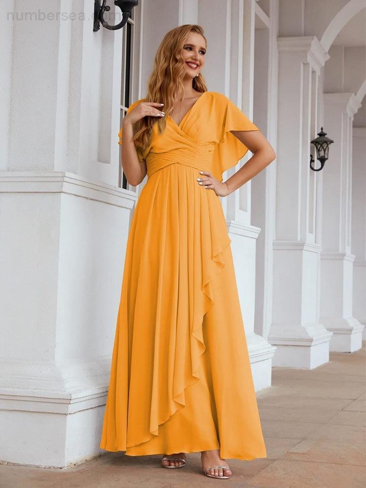 Numbersea Chiffon Bridesmaid Dresses Long Formal Evening Prom Mother of The Bride Dress with Flutter Sleeve  SEA28040-numbersea