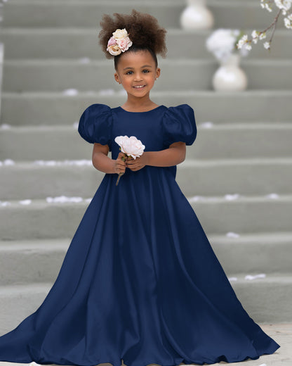 Puff Sleeve Bow Button Back Sweep Train Flower Girl Dress