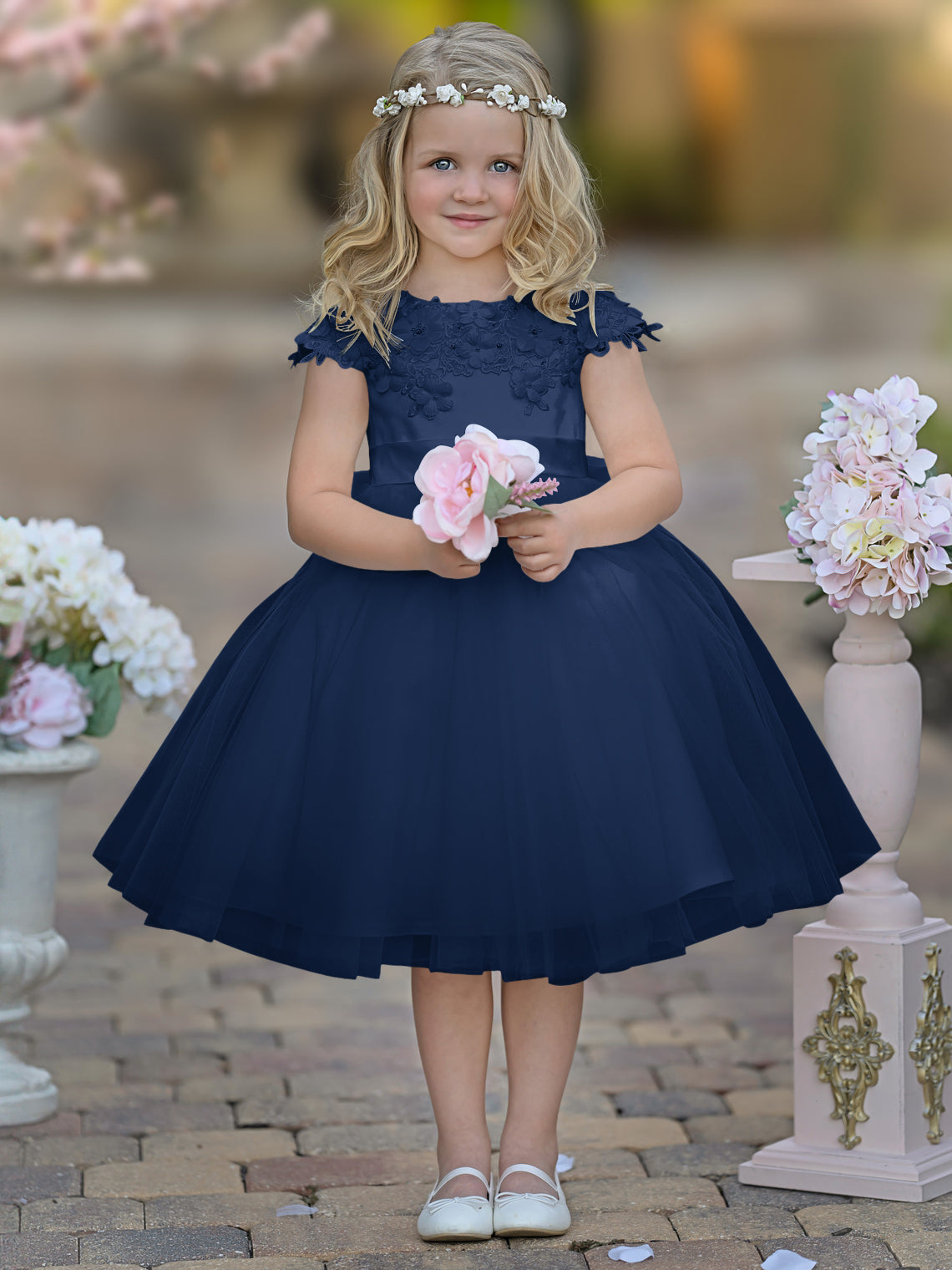 Satin Tulle Tea-length Ivory First Communion Flower Girl Dress