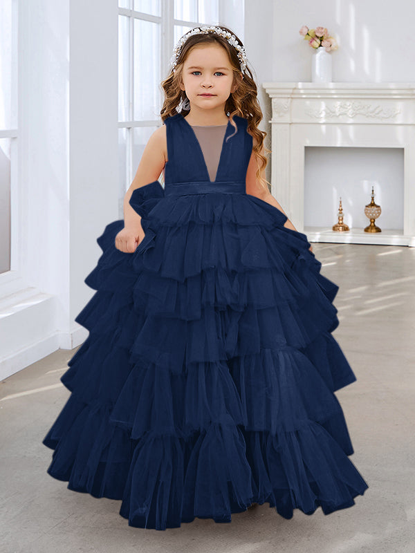 NumberSea - Ball - Gown/Princess Pearl Pink Sleeveless Tulle Bow Flower Girl Dress