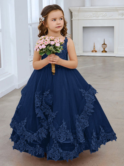 Princess Sleeveless Tulle Gown with Lace Appliques and Sweep Train for Girls