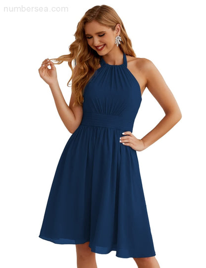 Numbersea Halter Chiffon Bridesmaid Dresses Short Sleeveless Formal Party Dress Open Back Sea28023