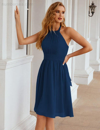 Numbersea Halter Chiffon Bridesmaid Dresses Short Sleeveless Formal Party Dress Open Back Sea28023