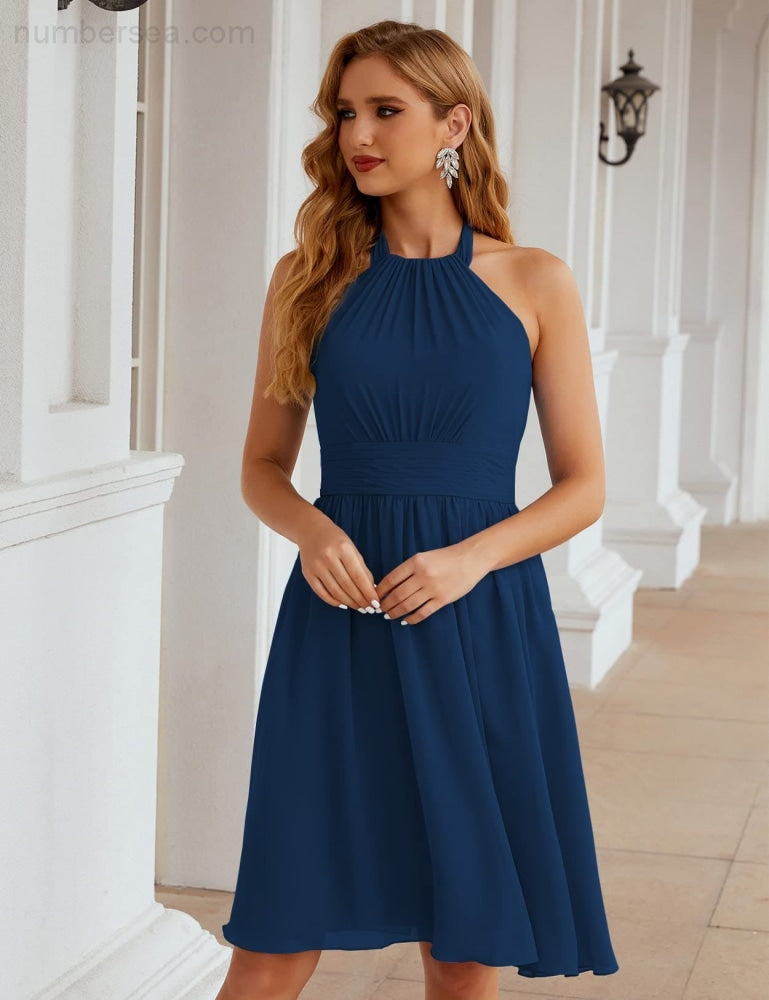 Numbersea Halter Chiffon Bridesmaid Dresses Short Sleeveless Formal Party Dress Open Back Sea28023