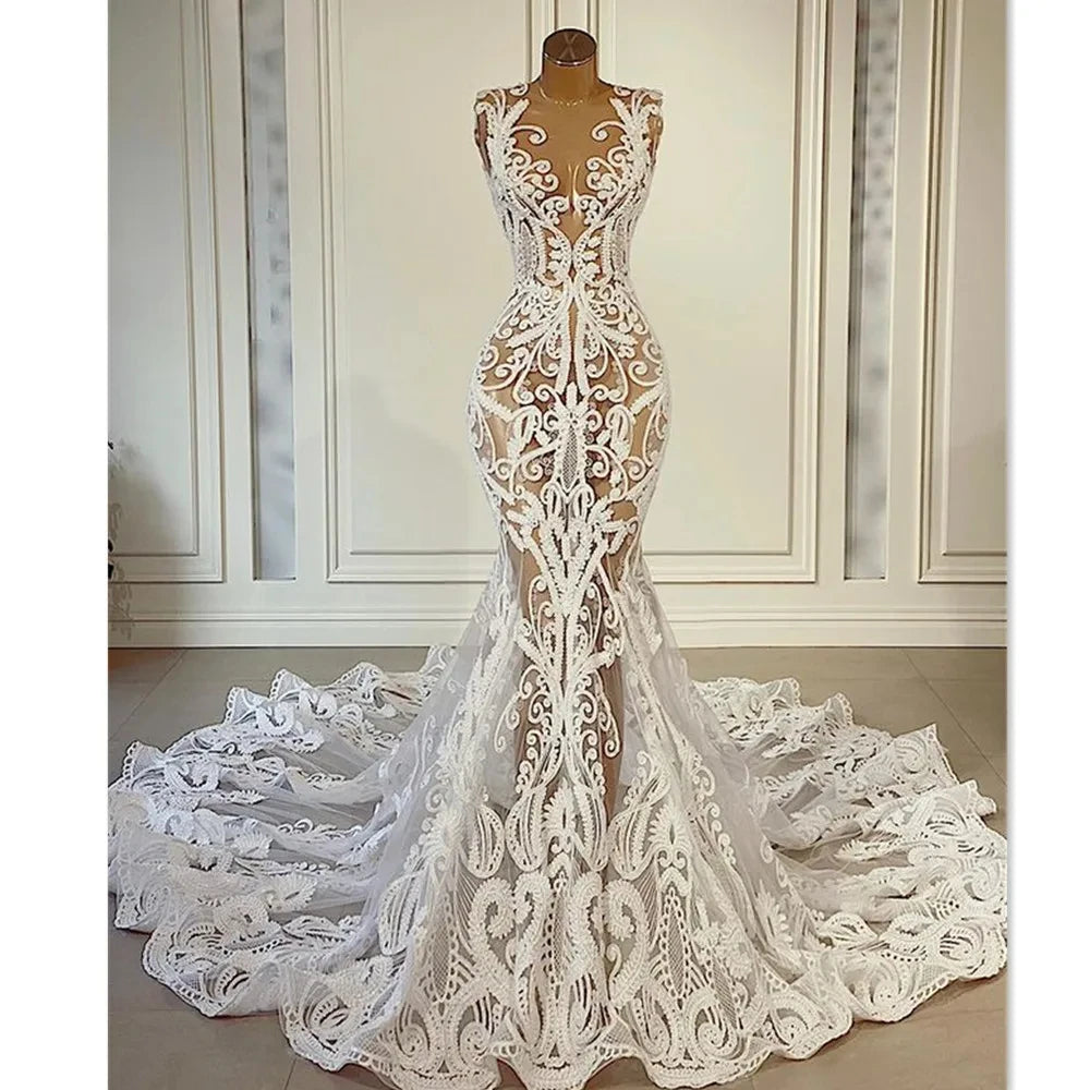 New Romantic Lace Wedding Gowns With Cathedral Train Robe De Mariee Sexy Illusion Back Mermaid Wedding Dress Vestidos De Novia