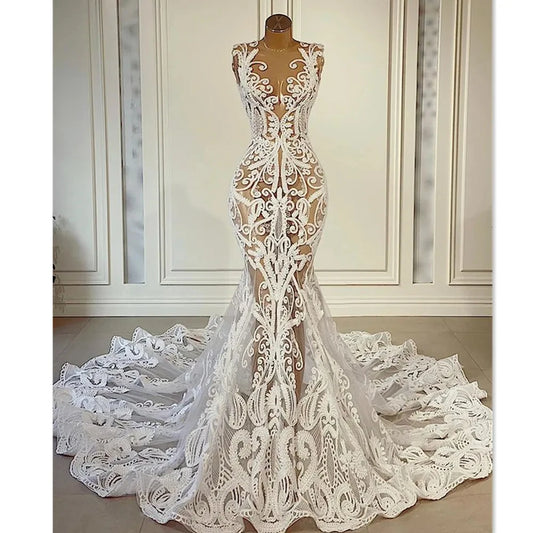 New Romantic Lace Wedding Gowns With Cathedral Train Robe De Mariee Sexy Illusion Back Mermaid Wedding Dress Vestidos De Novia