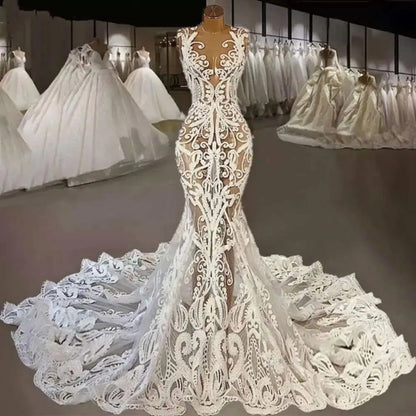 New Romantic Lace Wedding Gowns With Cathedral Train Robe De Mariee Sexy Illusion Back Mermaid Wedding Dress Vestidos De Novia