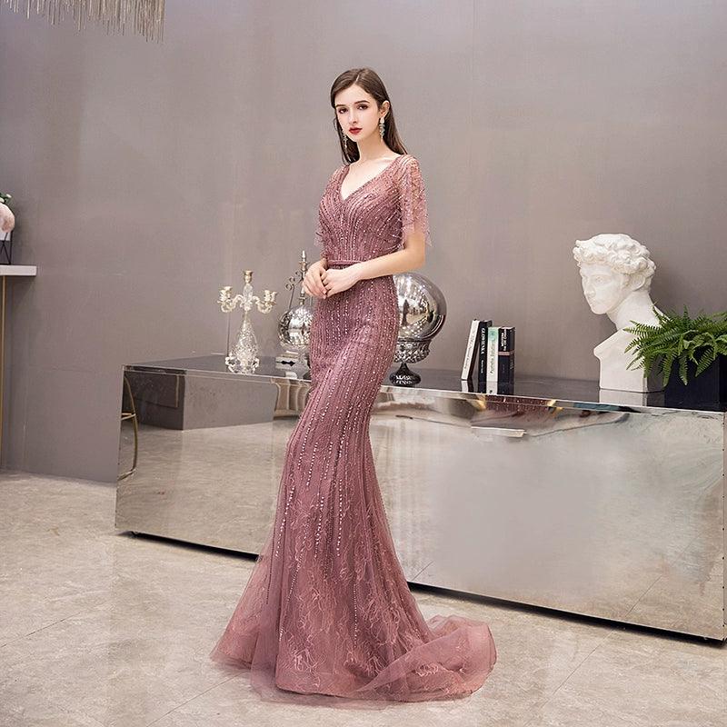 Women's Mermaid Evening Dress V-Neck Formal Dresses Long Sexy Beaded Prom Dresses for Women - numbersea