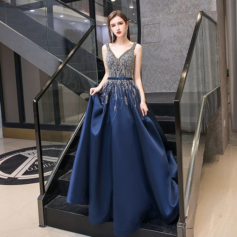 Women's Ball Gown Evening Dress Long V-Neck Formal Dresses Beaded Prom Dresses - numbersea