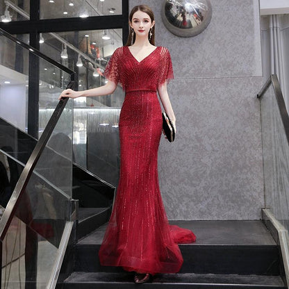 Women's Mermaid Sexy Evening Dress Long V-Neck Formal Dresses Beaded Prom Dresses - numbersea