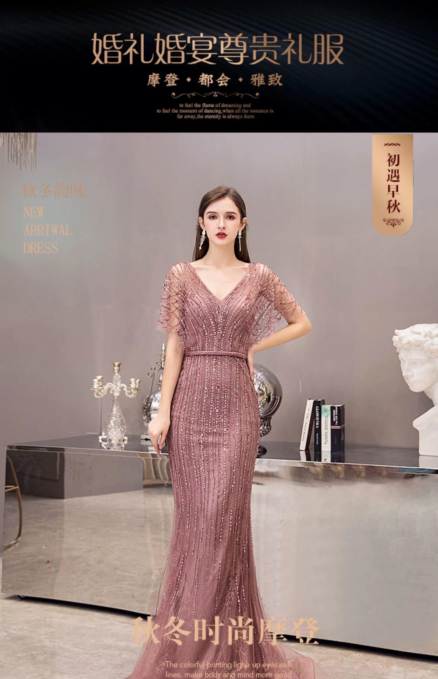 Women's Mermaid Evening Dress V-Neck Formal Dresses Long Sexy Beaded Prom Dresses for Women - numbersea