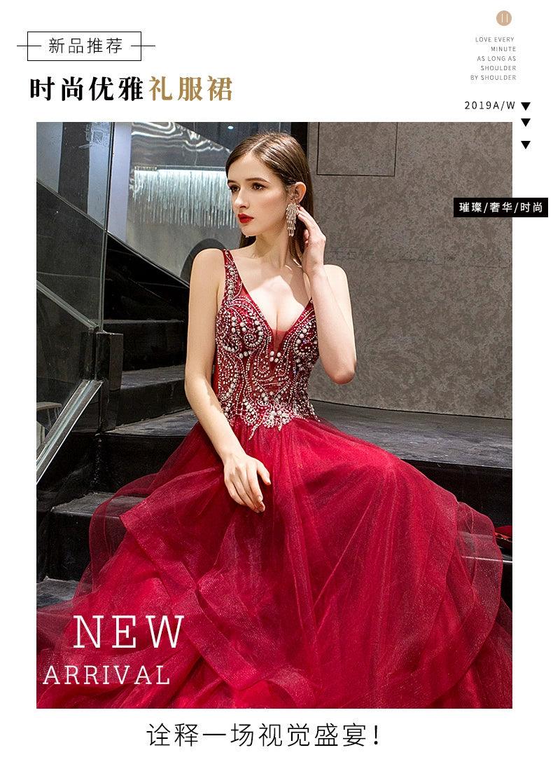 Women's A-Line Evening Dress Sexy V-Neck Prom Dresses Beaded Formal Dresses for Women - numbersea