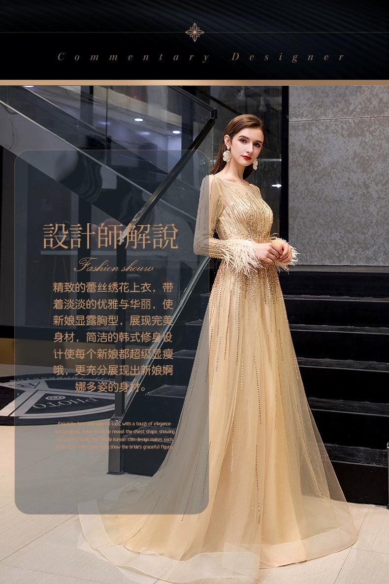 Women's Long Sleeve Prom Dresses Sexy A-Line Evening Dress Beaded Formal Dress for Women - numbersea