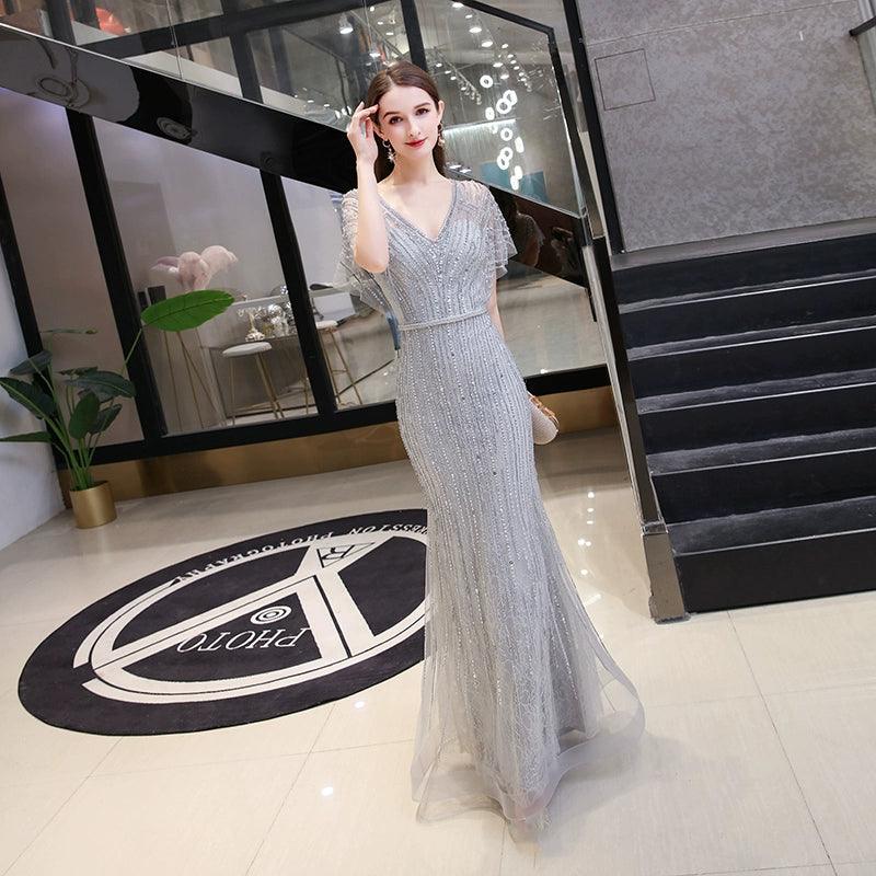 Women's Mermaid Evening Dress V-Neck Prom Dresses Long Beaded Formal Dresses for Women - numbersea