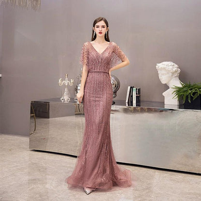 Women's Mermaid Evening Dress V-Neck Formal Dresses Long Sexy Beaded Prom Dresses for Women - numbersea