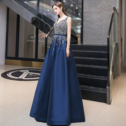 Women's Ball Gown Evening Dress Long V-Neck Formal Dresses Beaded Prom Dresses - numbersea