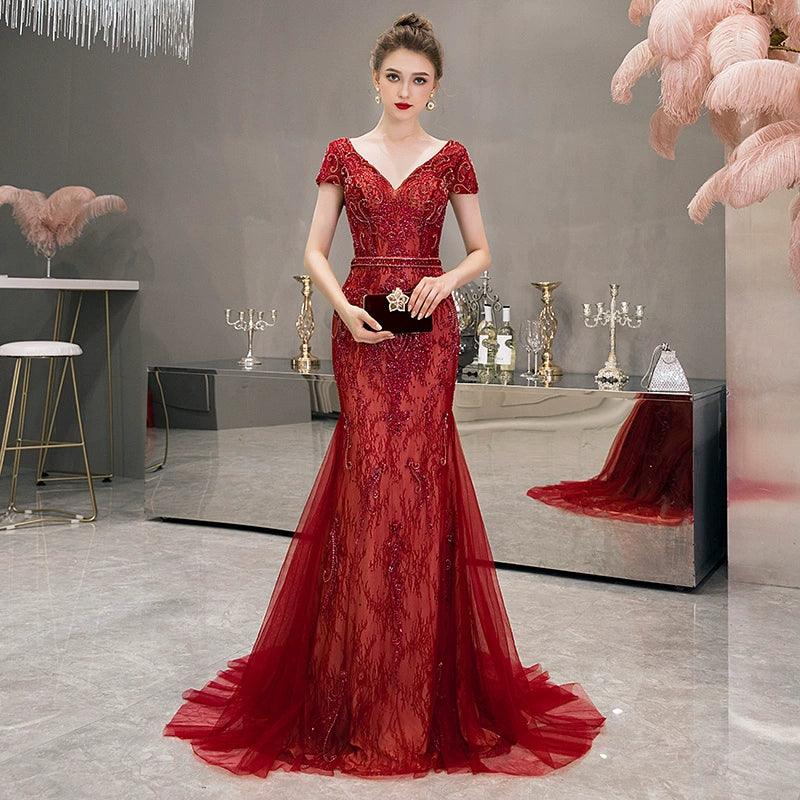 Women's Mermaid Evening Dress Long V-Neck Prom Dresses Beaded Formal Dresses - numbersea