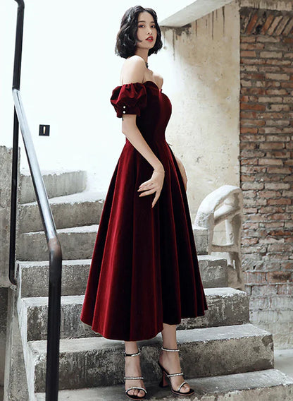 Wine Red Velvet Tea Length Off Shoulder Party Dress, Wine Red Bridesmaid Dress