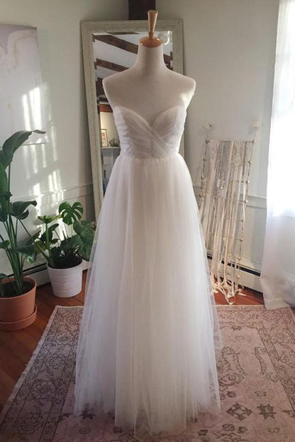 NumberSea Simple Tulle Floor Length Open Back Sweetheart Strapless Wedding Dresses, MW217