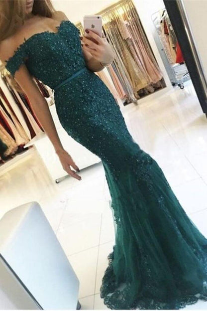 Prom Dresses Off The Shoulder  Mermaid Tulle With Applique And Beadings