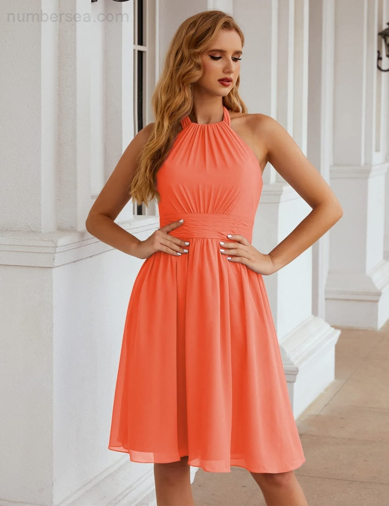 Numbersea Halter Chiffon Bridesmaid Dresses Short Sleeveless Formal Party Dress Open Back Sea28023