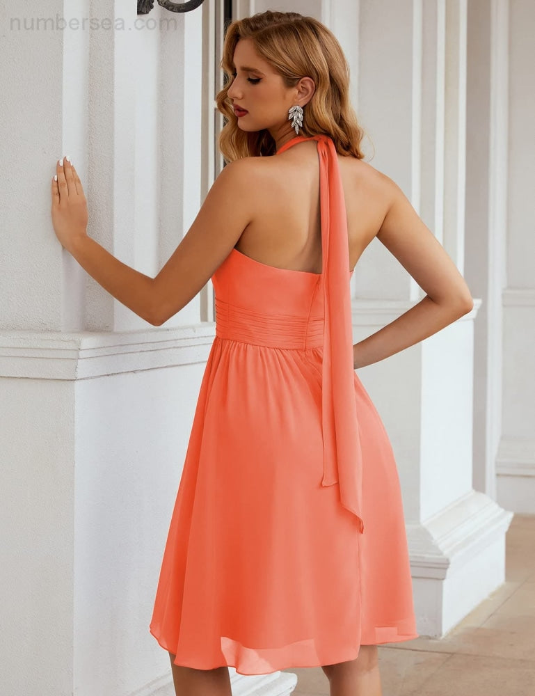 Numbersea Halter Chiffon Bridesmaid Dresses Short Sleeveless Formal Party Dress Open Back Sea28023