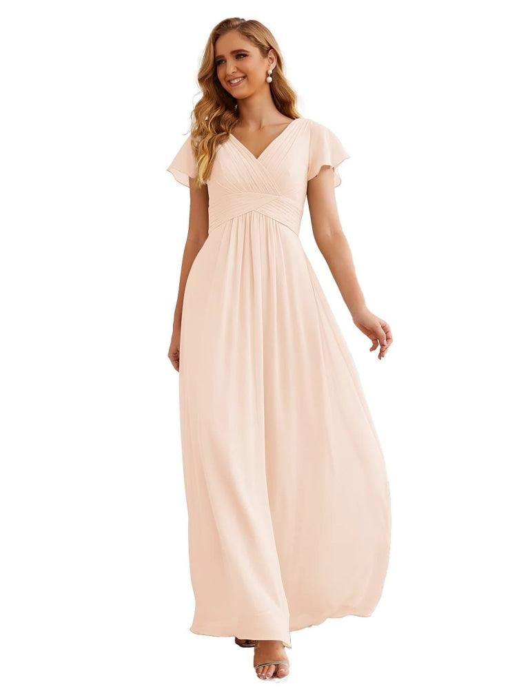 Numbersea Chiffon Bridesmaid Dress Cap Sleeves Maxi Prom Gowns Party Wedding Mother of The Bride Dresses for Women SEA28047-numbersea