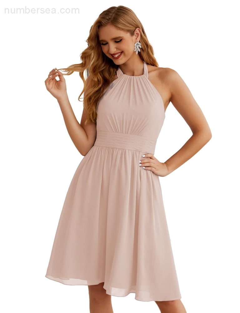 Numbersea Halter Chiffon Bridesmaid Dresses Short Sleeveless Formal Party Dress Open Back Sea28023